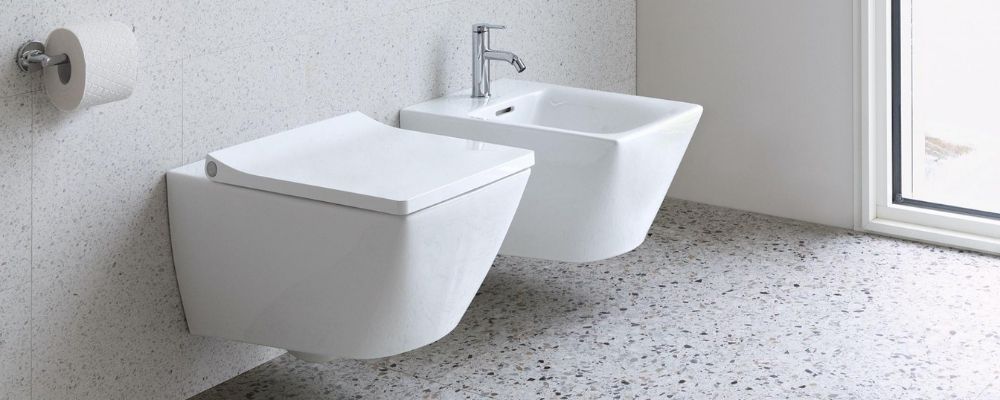 Duravit Viu wall hung pan and wall hung bidet with bidet mixer