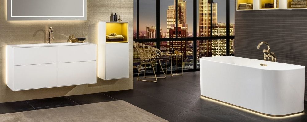 Villeroy and Boch Finion bath with led lighting and gold taps