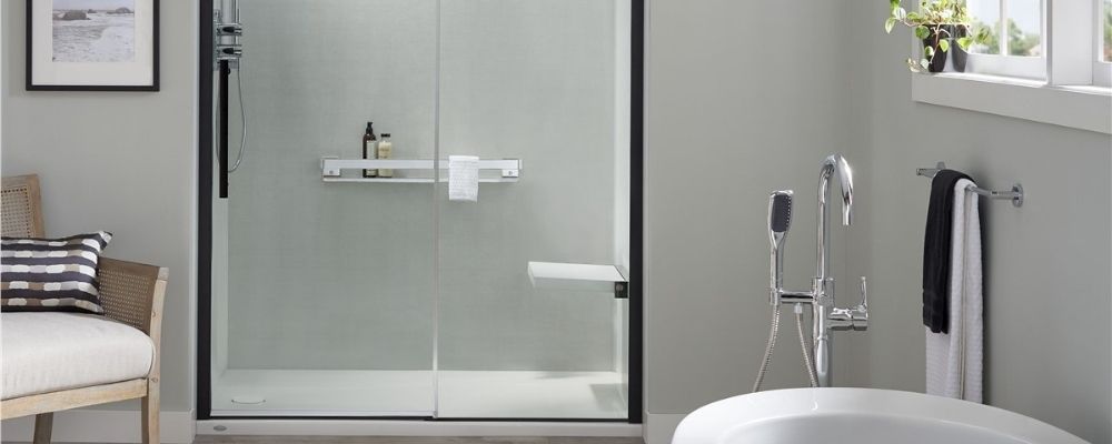 Recess sliding door shower enclosure with black frame