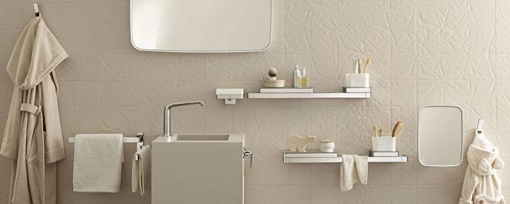 White and chrome bathroom accessories with shelf and mirror