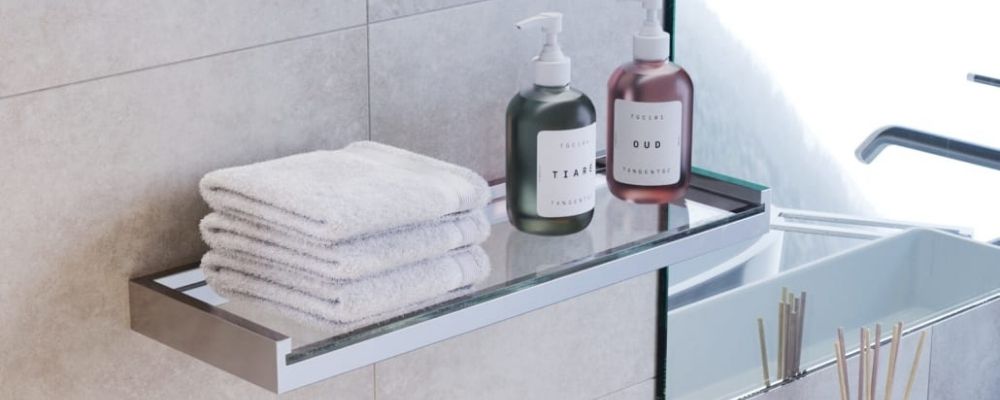 Chrome bathroom glass shelf for storage