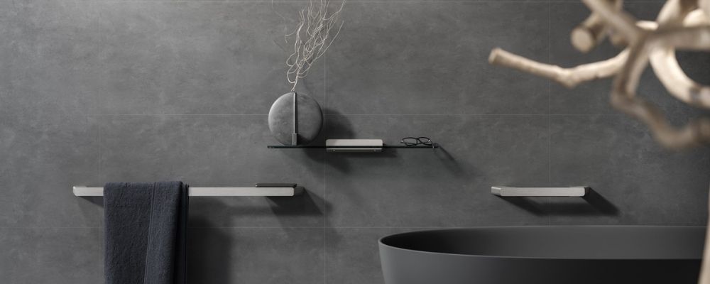 Black and chrome accessories for bathroom