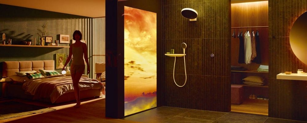 Hansgrohe shower setting with raintune shower panel